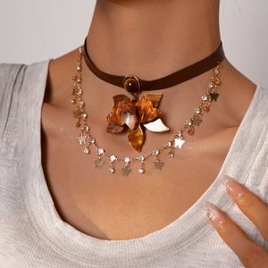 Vintage retro double layer choker with amber flower pendant and crystal butterfly charms