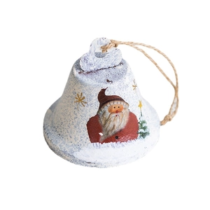 White Christmas metal bell with Santa Claus and tree motifs on a rustic hemp rope