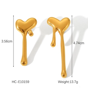 Macro shot of gold melting heart earrings with detailed size and weight specs