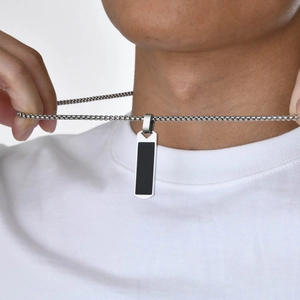 Men's fashion stainless steel rectangular pendant necklace with black natural stone inlay