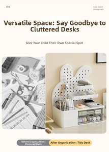 Comparison of a messy desk and an organized bunny-shaped pegboard storage rack