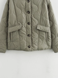 Close-up detail of olive green quilted jacket featuring buttons and symmetrical flap pockets
