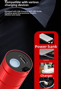 Detail of red mini LED flashlight showing USB port and fast charging compatibility