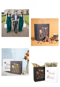 Detail of European wedding gift bags featuring gold foil Team Groom and Team Bride text