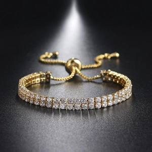Double Row Tennis Bracelet Copper Cubic Zirconia Adjustable Bolo Slider Gold Plated Elegant Sparkly Jewelry For Women