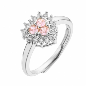 Close-up of heart-shaped ring with pink zircons and adjustable silver band