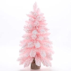 Mini 30cm pink flocked Christmas tree with snowy tips and rustic burlap base for tabletop