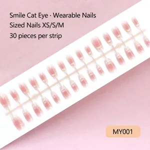 Pink cat eye press-on nails with glitter gradient, available in 30 pieces XS/S/M sizes