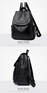 Detail of black pebbled leather backpack with metal kangaroo logo and side pockets