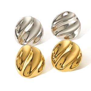 Water ripple irregular circular stud earrings in gold and silver plating with liquid metal texture