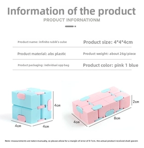 Detailed size parameters of pink and blue infinity cube fidget toys made of ABS plastic