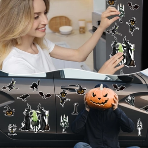 Halloween magnetic stickers showing gnome and skull patterns on fridge and car