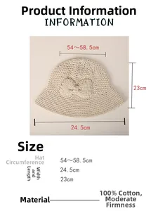 Guide des tailles pour chapeau en coton crocheté avec mesures 54-58,5cm et nœud doux