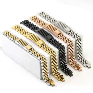 Stainless Steel Men Bracelet Watch Band Link Chain Jubilee Style 18K Gold Plated Trendy Punk Hip Hop Jewelry Gift