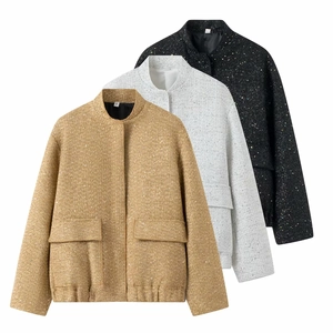 Detailed texture of tweed sequin jackets in gold, silver, and black cropped styles