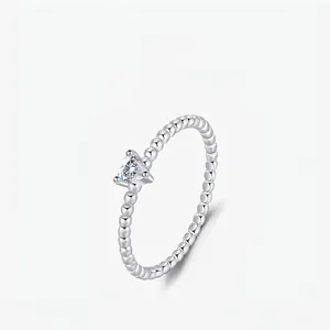 Heart Cut Moissanite Beaded Band Ring 925 Sterling Silver Elegant Dainty Jewelry For Women