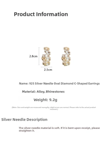 Detailed size specifications for C-shape oval rhinestone earrings with 925 silver needle