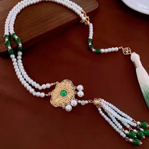 New Chinese style multi-layer pearl necklace with gold filigree lock and green tassels