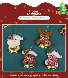 Detailed view of four Christmas character bells with Santa, Reindeer, Bear, and Snowman designs