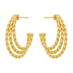 Detailed macro view showing the 18K gold-plated triple-twist texture on C-shaped hoop earrings