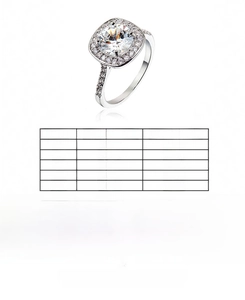 Sizing chart and product specifications for silver ring with blue cubic zirconia
