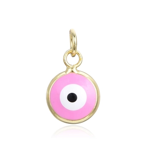 Minimalist gold evil eye pendant with pink enamel and round metal finish for necklaces