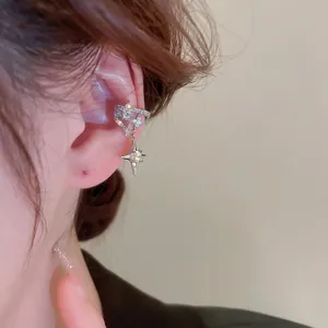 Minimalist silver asymmetric star moonstone ear cuff with zircon for non-pierced ears
