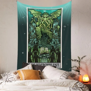 Bohemian Cthulhu Tarot Hierophant tapestry hanging on a minimalist bedroom wall