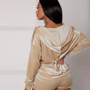 Champagne velvet two-piece hoodie and shorts set with high-texture velvet finish