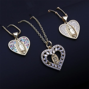 Religious Copper Rhinestone Heart Pendant Necklace For Women Men Gold Virgin Mary Guadalupe Individual Trend Jewelry Gift