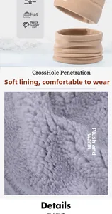 Detailed macro view of the thick gray plush lining in khaki winter hat and scarf set