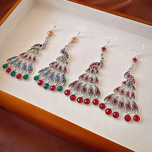 Peacock Dangle Earrings Vintage Bohemian Alloy Rhinestone Crystal Steel Earring Post Ethnic Retro Hollow Jewelry For Women