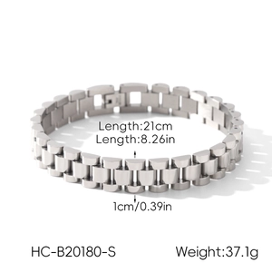 Detail of silver stainless steel watch-style link bracelet showing 21cm length and 1cm width