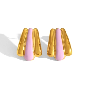Golden stainless steel earrings with pink enamel shell pattern on white background