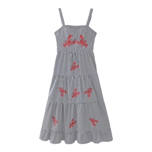 Black and white striped camisole dress featuring detailed red lobster embroidery detail