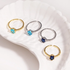 Blue Cubic Zirconia Adjustable Ring Copper Inlaid Oval Gemstone Elegant Vintage Open Jewelry For Women