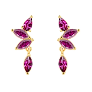 Macro shot of S925 silver stud earrings with purple marquise zircon in a gold setting