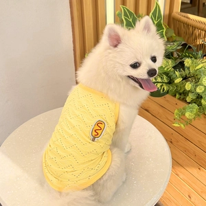 Detailed view of yellow breathable mesh pet vest with hot dog embroidery on dog