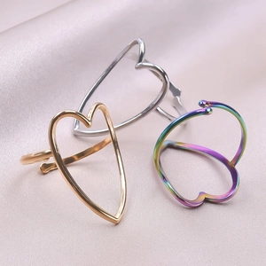 Polished stainless steel heart-shaped open rings in gold, silver, and rainbow colors