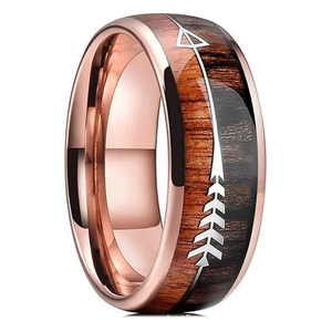 Men's 8mm rose gold stainless steel ring with wood inlay and white arrow pattern