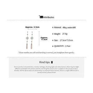 Detailed size measurement of 17.5cm long tassel earrings with blue crystals and alloy