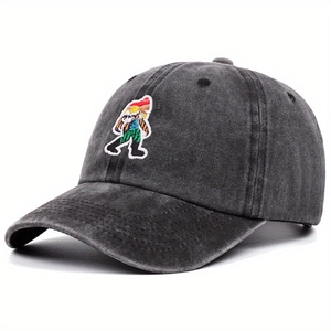 Vintage washed charcoal baseball cap with colorful cartoon giant embroidery patch