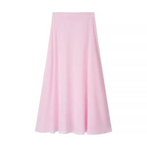 Detailed view of pink A-line midi skirt showing elastic waist and soft flowing fabric texture