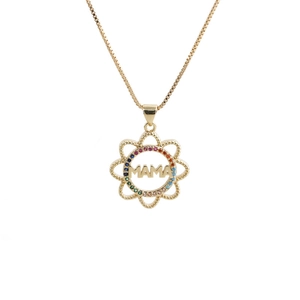 Gold MAMA heart pendant necklace with multi-color zircon accents on white background