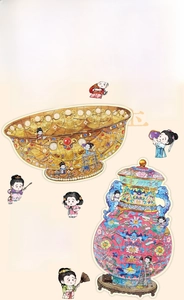 Detailed 2.5D stickers set featuring ancient bowl repair with cartoon figures