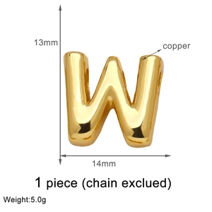 Detailed specs of golden letter W pendant in copper with 14mm by 13mm dimensions