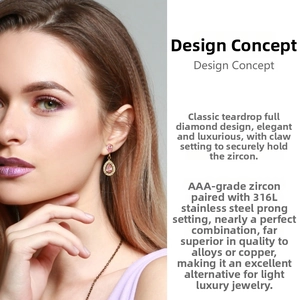 Detail of pink teardrop zircon earrings in 316L stainless steel on a female model