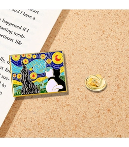 Detailed close-up of Van Gogh Starry Night enamel pin with cats on artistic background