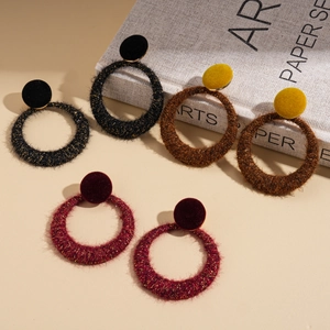 Retro hollow circular flocking earrings in black, brown, and wine red with gold thread