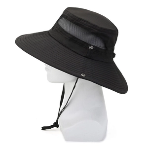 Men's black breathable outdoor sun hat with wide brim and mesh side panels